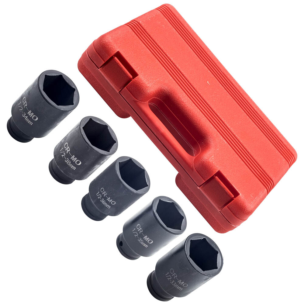 5-Piece 1/2” Drive 6 Point Deep Spindle Axle Nut Socket Set – 33, 34, 35, 36, 38mm