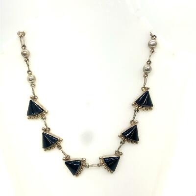 Vintage Sterling ACE Mexico Triangle Black Onyx Stone Link Collar Necklace sz 15