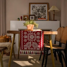 Enova Home Red Table Runner with Tassels, Cotton Linen Farmhouse Table Decor