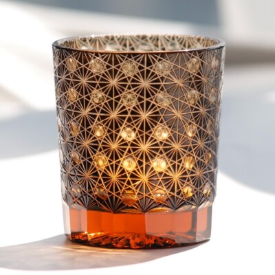 Hand Cut Edo Kiriko Black Daisy Water Cup Crystal 8oz For Whiskey/Bourbon/Beer
