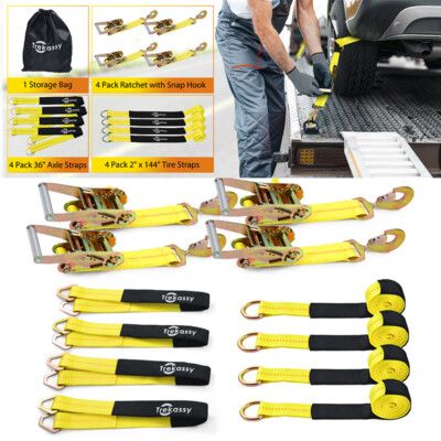 4 Tire Straps, 4 Axle Straps Car Tie Down Straps for Trailers Heavy Duty Snap