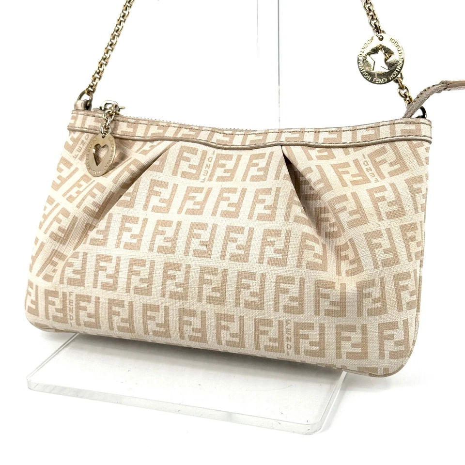Auténtico bolso de mano FENDI Zucchino PVC bolsa cadena beige Foto 3 de 4