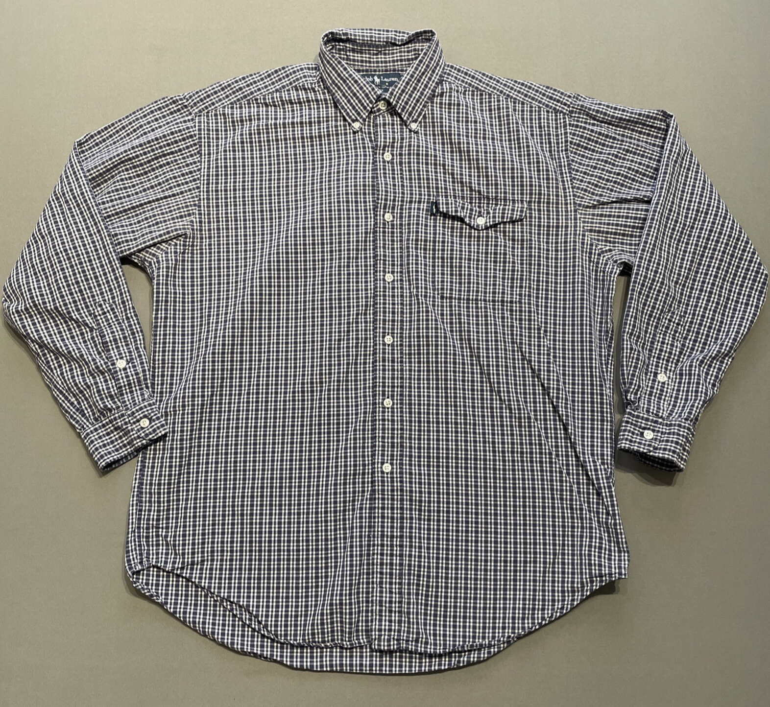VINTAGE Ralph Lauren camicia uomo grande blu a sacco bianco tasca Creek pony top Y2K