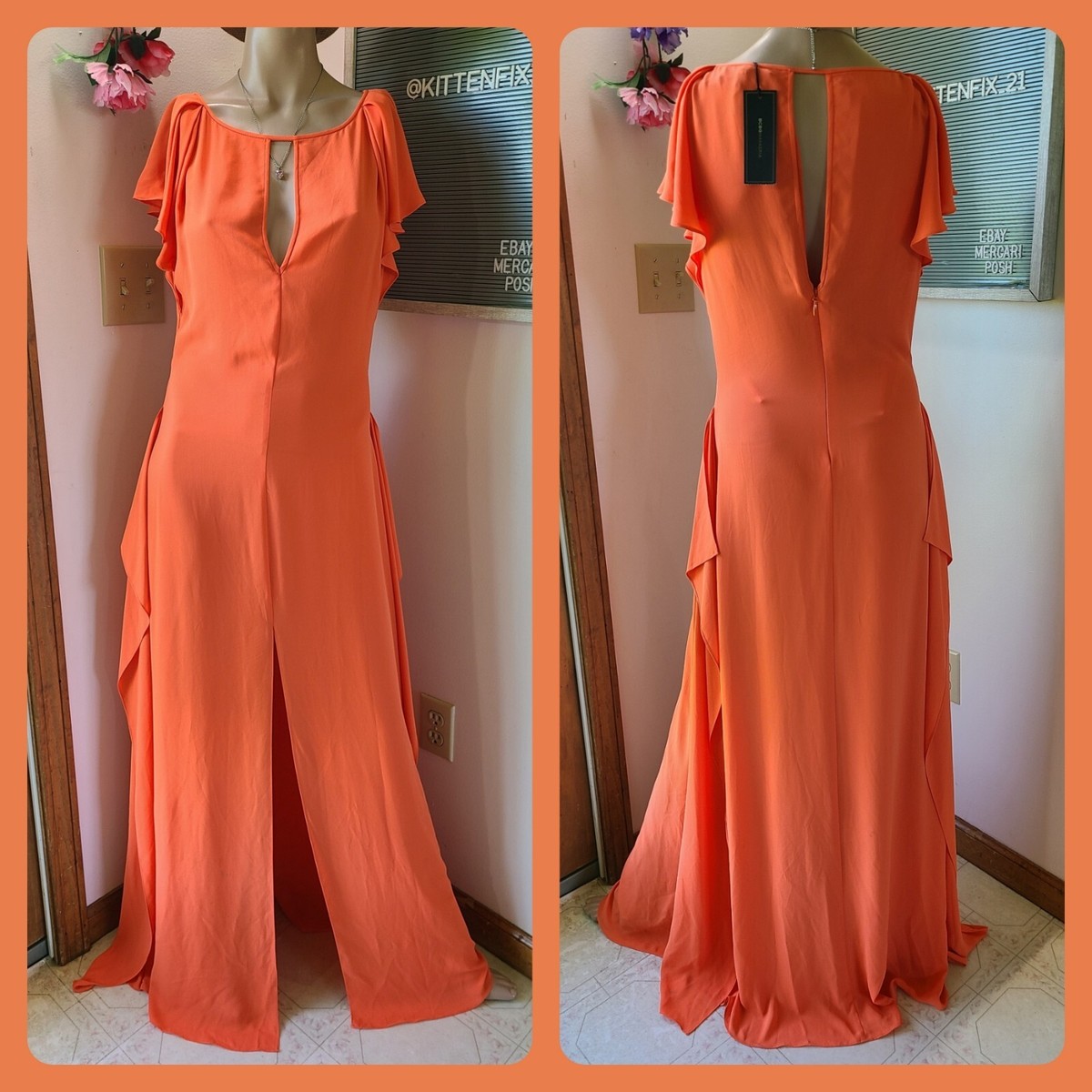 bcbg long orange dress Plunging U Neckline Gown Tangerine / 2