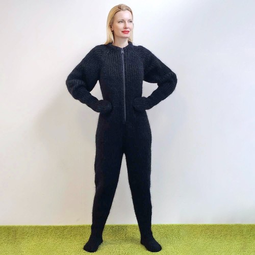 Black catsuit thick fuzzy mohair overall mittens socks separate balaclava, M-L - Picture 10 of 10