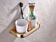 Gold Color Brass Wall Mounted Two Ceramic Cups Toothbrush Holder 2ba846