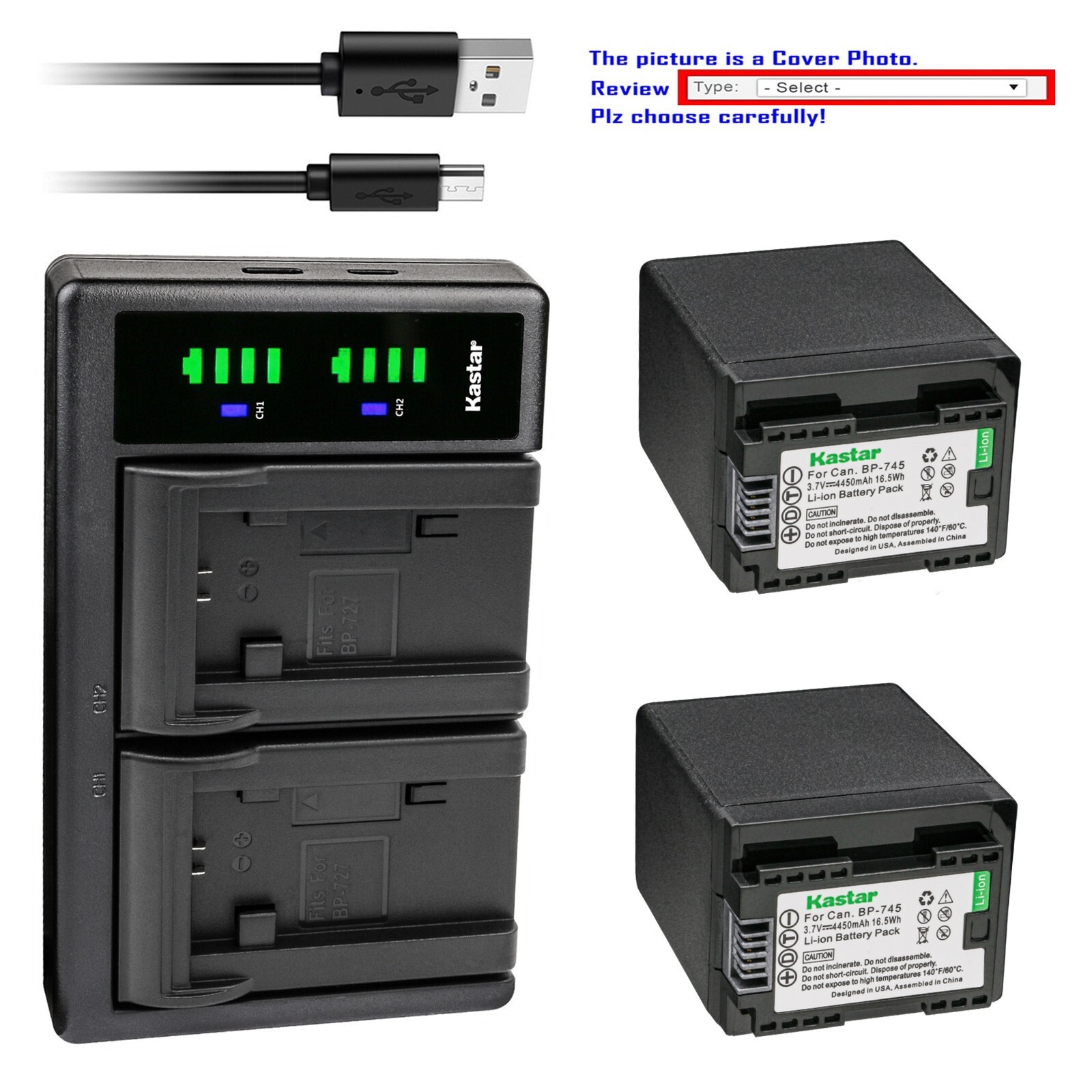Kastar BP-745 Battery LTD2 USB Charger for Canon VIXIA HF R7