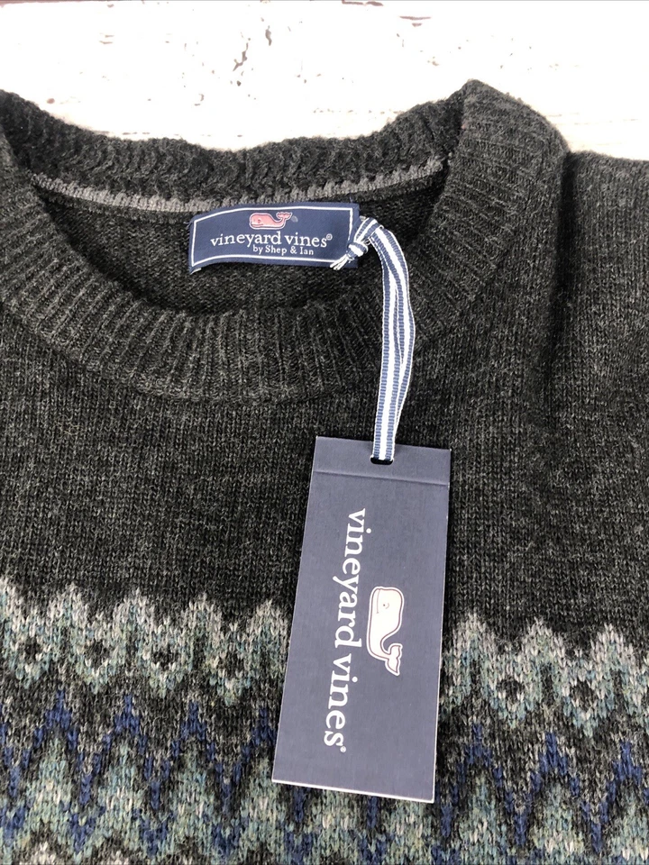 New Vineyard Vines Mens Fairisle Sweater Large Charcoal Gray Wool Crewneck NWT - Image 3 of 4
