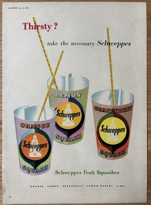 50er Jahre Vintage SCHWEPPES Obstkürbisse 1954 GROSSE ANZEIGE orange Strohhalme Anzeige