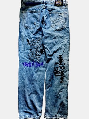 Bershka 90s Wide Jeans Herren Gr. 40 (US 31) Graffiti Print Destroyed Wide Leg