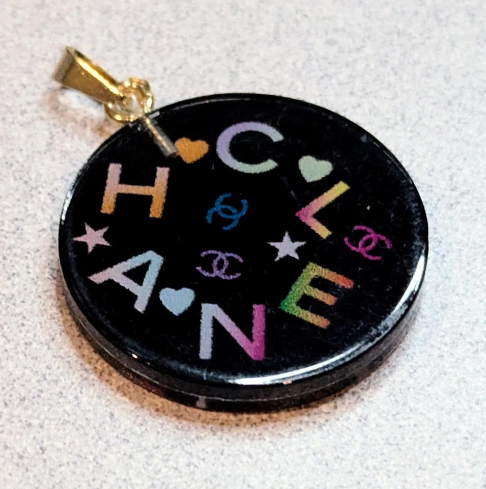 Chanel Button Round RESIN Black Multi colour logo Zipper Pull 28mm - Image 4 of 4