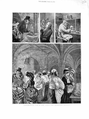 Original alter antiker Druck 1872 Guildhall Kitchens London Festköche Kellnerin