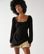 Free People  Beach Mini Dress Black Babydoll boho Long Sleeve Size M