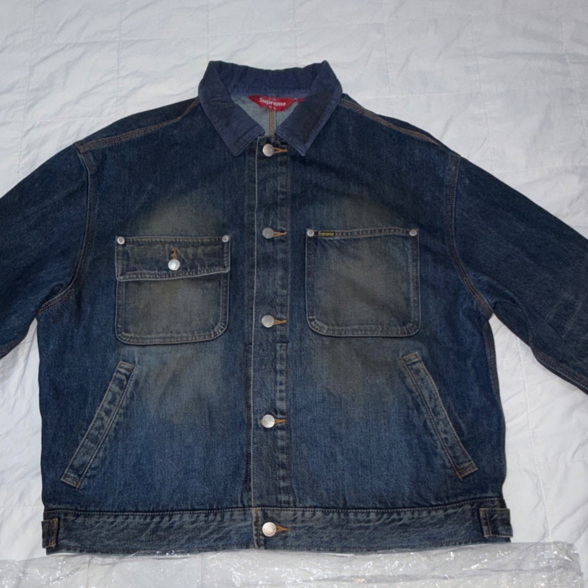 Supreme FW25 Distressed Selvedge Trucker Jacket Washed Indigo Sz
