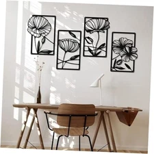 Ouqiesli Metal Flowers Wall Art Set of 4, Black Framed Floral Decor for Living 