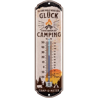 LANOLU Thermometer Camping Glück   8x28cm im Retro Stil