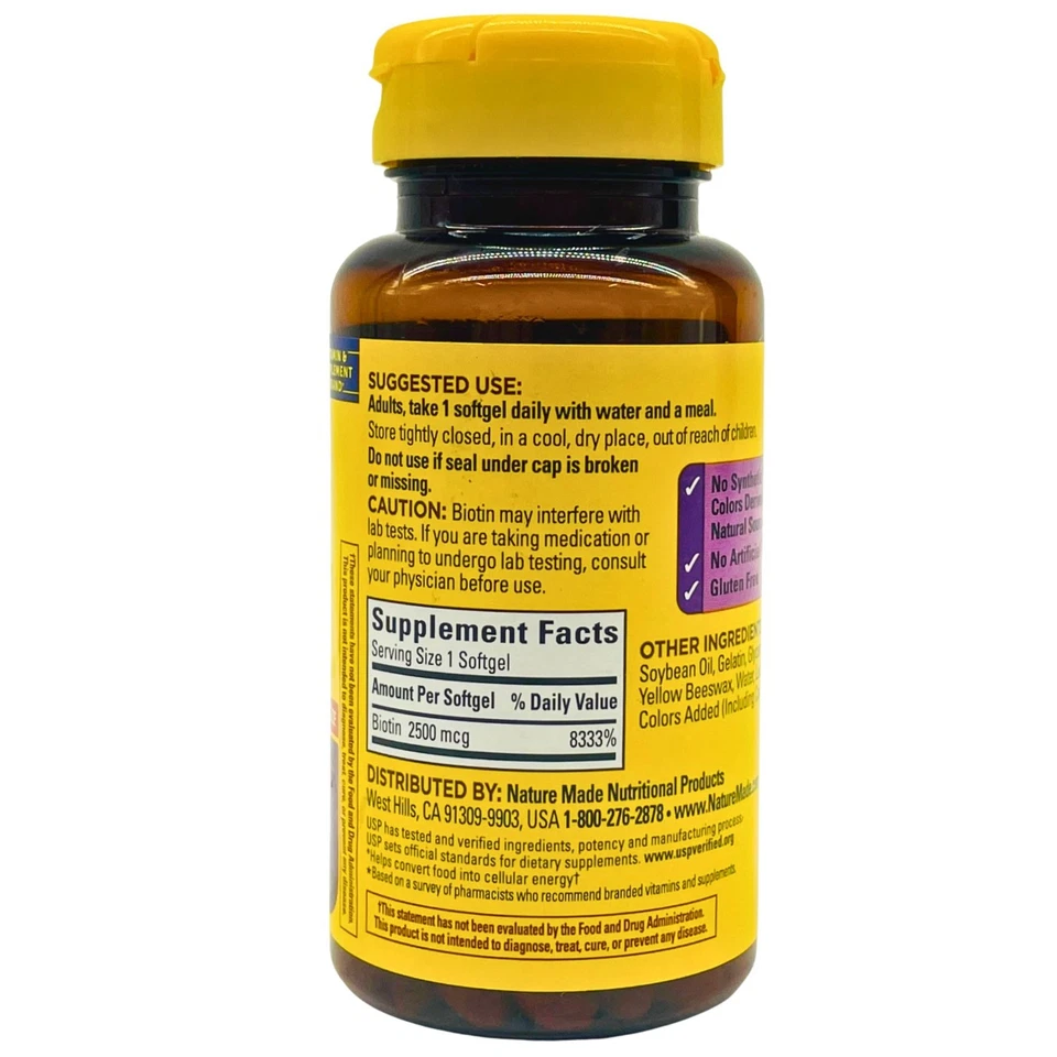 Biotina Nature Made 2500 mcg Extra Fuerza 150 Cápsulas Blandas - 1 Paquete-04/2026 - Nuevo Foto 2 de 3