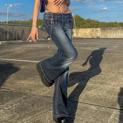 Korean Style Harajuku Hot Mom Denim Jeans Y2K Grunge Vintage Low Waisted Pockets