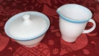 MCM VTG Pyrex Blue Rim Sugar Bowl W/ Lid and Creamer MINT CONDITION