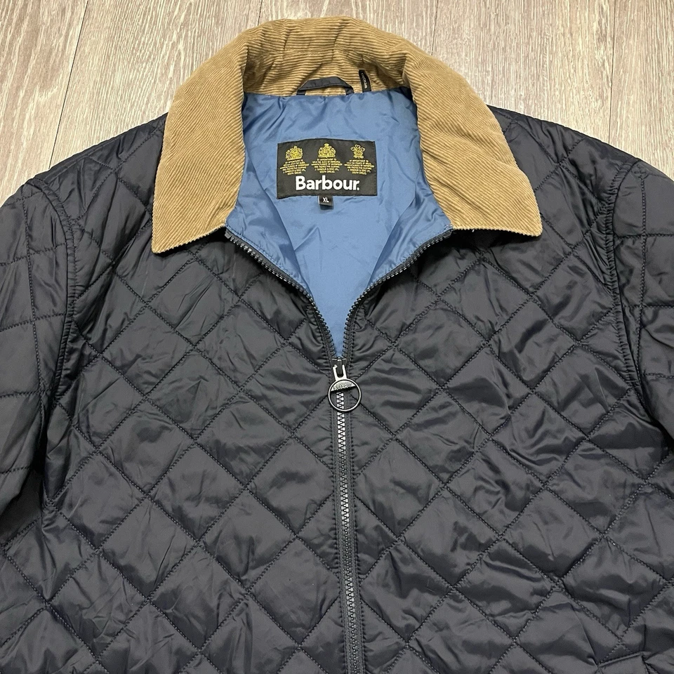 Barbour Helm Jacket Mens Extra Large Blue Brown Corduroy Collar Quilted Full Zip - Image 3 of 4
