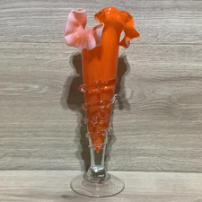 Vintage MCM Murano Style Orange Hand Blown Vase Ruffled Art Glass Mid Century 9"
