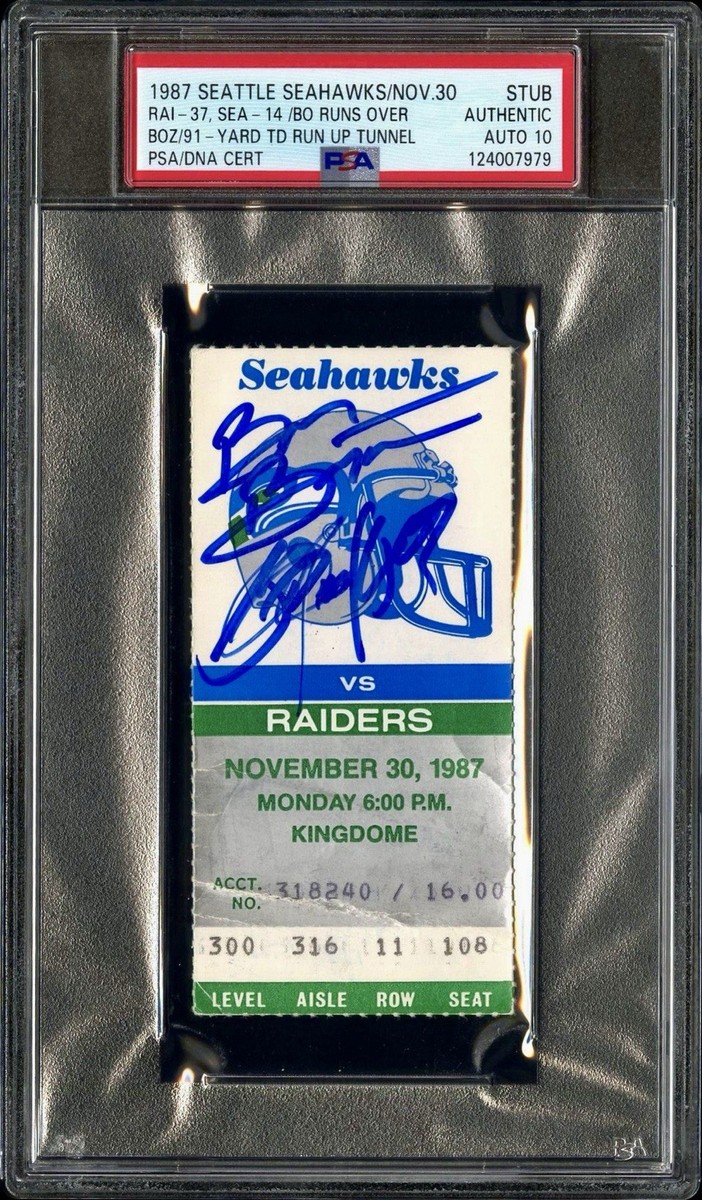 1987 “BO RUNS OVER BOZ” BO JACKSON/BRIAN BOZWORTH DUAL AUTO TICKET