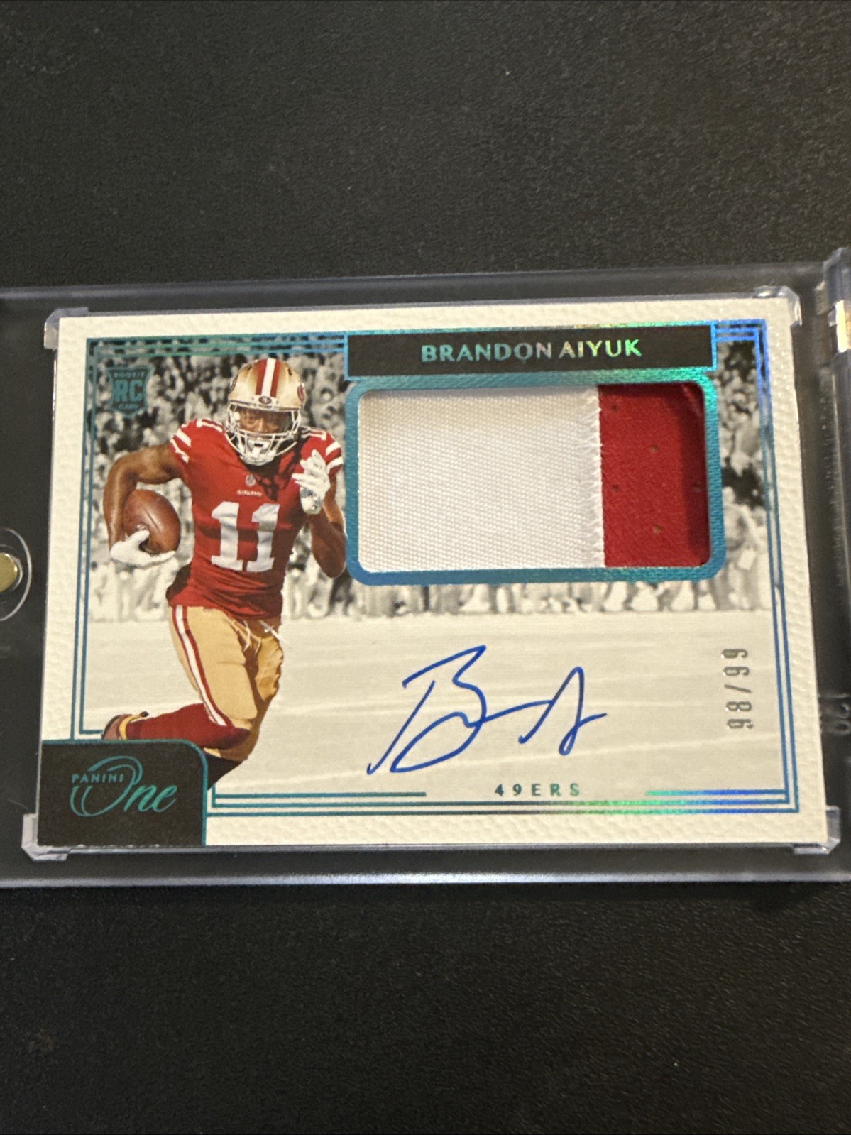 2020 Panini One - Rookie Patch Autographs Brandon Aiyuk #17 Blue /99 AU, MEM, RC