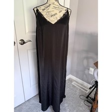 H&M Black Spaghetti Strap Midi Slip Dress Rear Slit Lace Accent Size L V-neck