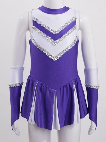 Kids Girls Sequins Pleated Dance Dress Bodysuit Dancewear Leotard Outfit Costume - Photo 3/45