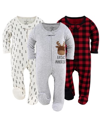 Buffalo Moose Boy Baby 3 Pack Footed 100% Cotton Sleepers - 0-3 Months