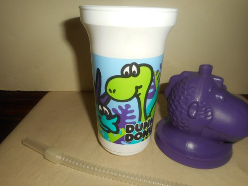 Vintage DUNKIN DONUTS WHIRLEY SHORT SPORT Childs Purple Dinosaur Drink Cup Nos - Picture 7 of 12