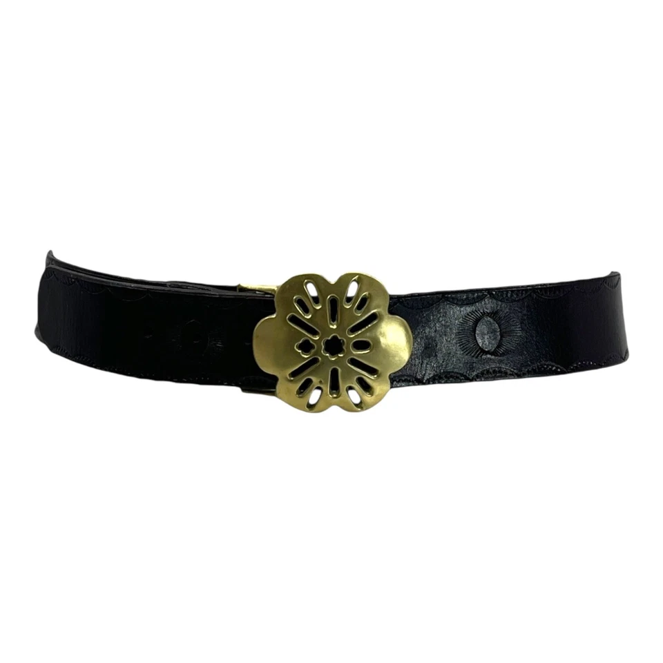 Cinturón de cuero pesado vintage años 60 70 para mujer M L hecho a mano ancho hebilla de latón macizo Foto 2 de 4