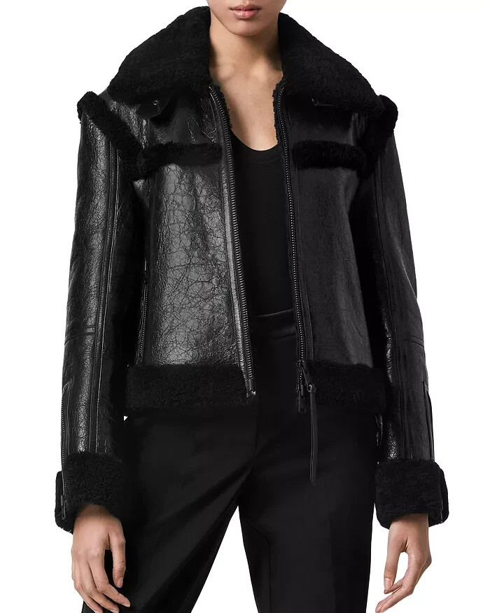 AllSaints Kitt Shearling Merino Leather Jacket Size Medium RRP £799 BNWT image 2