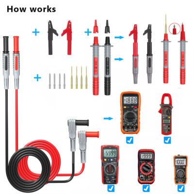 14Pcs Digital Multimeter Test Lead/Probe/Needle/Clip Kit 4mm Piercing Wire Tool