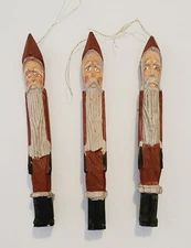 3 Folk Art Christmas Ornaments Santa Craved Look Red Tree Hanging 6" Primitive 
