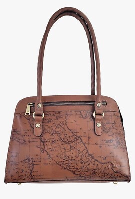 Patricia Nash Riot Rust Leather Calvi Satchel Crossbody Signature Map Brown Tan_