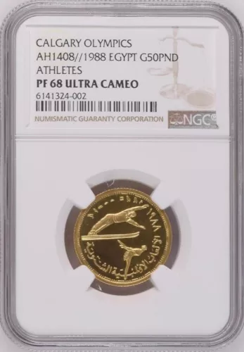 EGYPT , GOLD 50 POUNDS CALGARY WINTER OLYMPICS 1988 NGC PF 68 UC , RARE14