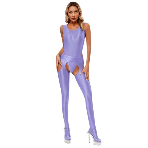 Women's Nylon Glossy Outfits Sleepwear Sexy Bodysuit Hollow Out Panties Lingerie - Picture 69 of 109
