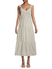 ECRU NWT $280 Mirren Striped Gingham Gathered Front Tiered Midi Dress Sage XS