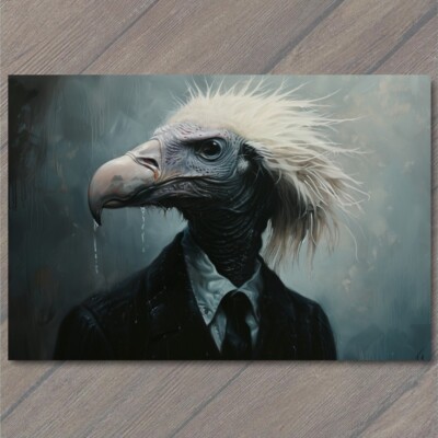 POSTCARD Vulture Bird Humanized Suit Jacket Weird Hair Bizarre Beak Unusual Fun
