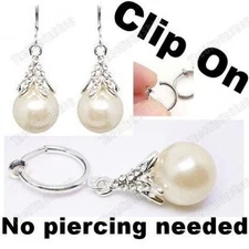 CLIP ON rhinestone BIG CREAM PEARL&CRYSTAL DROP EARRINGS mini hoop silver plated