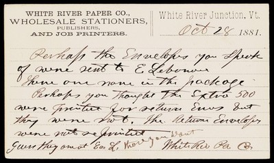 1881 White River Paper Co White River Junction VT Victorian Typography Postal Ca