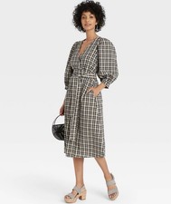 A New Day 3/4 Puff Sleeve Faux Wrap Midi Dress Plaid Black and White Size Med
