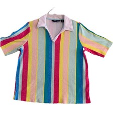 Lands' End Women’s Terry Cloth Polo Shirt Size M (10-12) Rainbow Stripes Spring