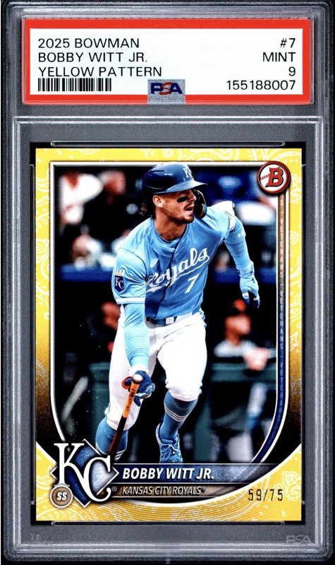 2025 Topps Bowman Bobby Witt Jr. #7 Yellow Pattern /75 PSA 9 Royals