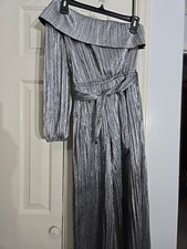 Justice Girls Silver Striped Ruffle One Shoulder Jumpsuit, Size M 10