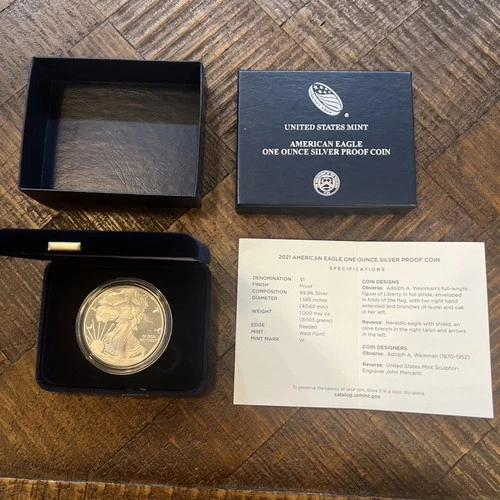 2021-W Proof $1 Type 1 American Silver Eagle Box, OGP & COA