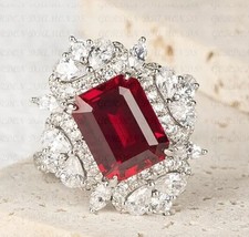 5Ct Emerald Cut Natural Red Ruby Gemstones Diamond Ring 18k White Gold Plated