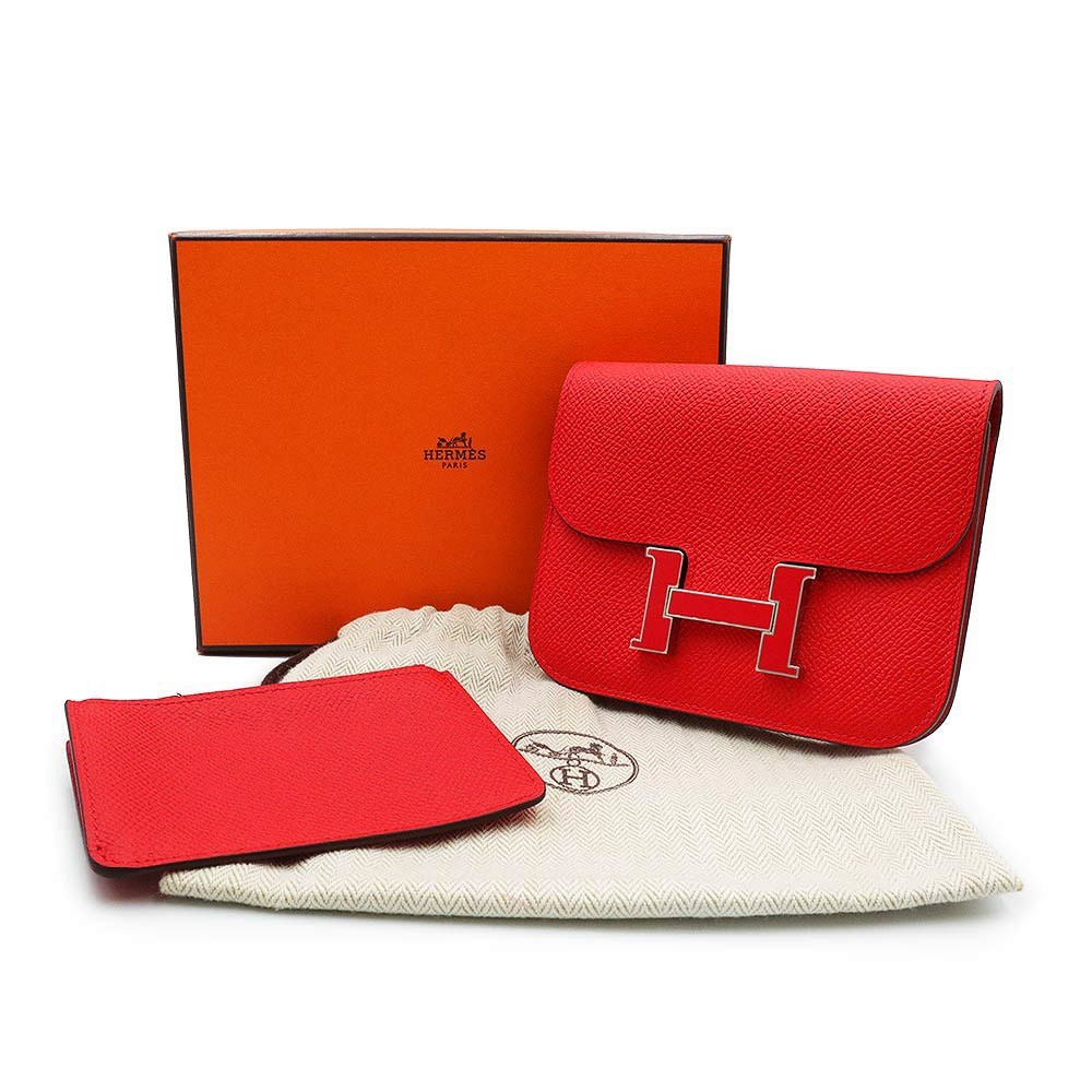 Hermes Constance Slim Pochette Epsom Rouge de Coeur Wallet Silver Z Stamp