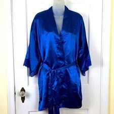 Frederick’s of Hollywood Blue Satin Kimono Robe Size M Lace Trim EUC